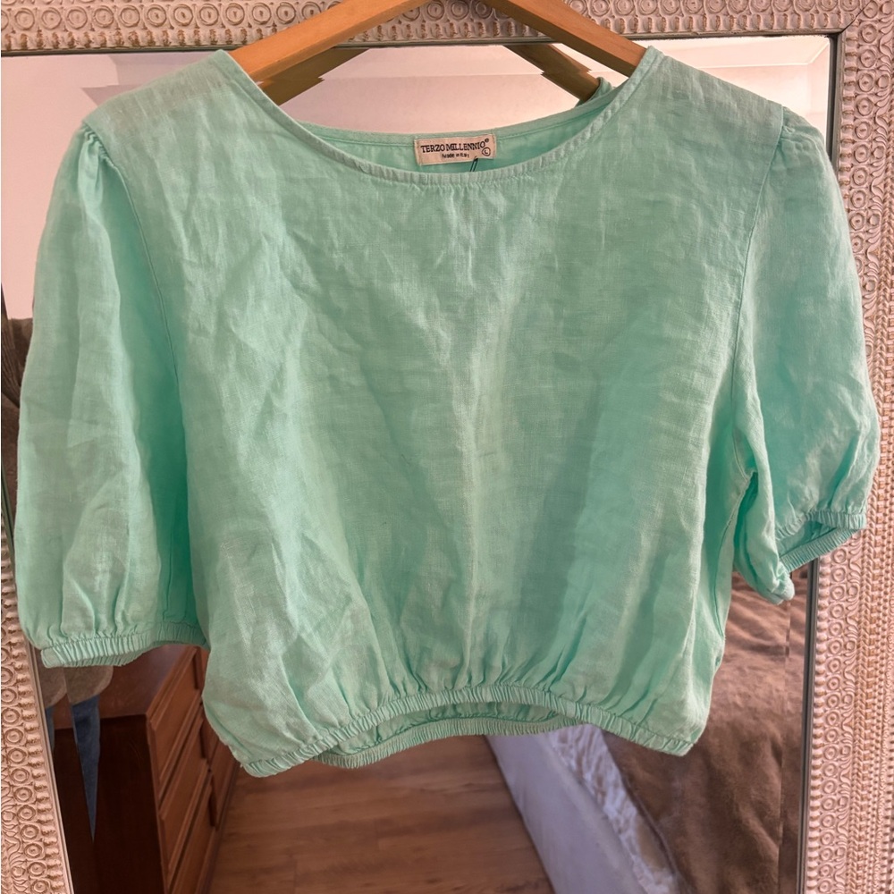 TERZO MILLENIO 100% Pure Linen Cropped Italian Top